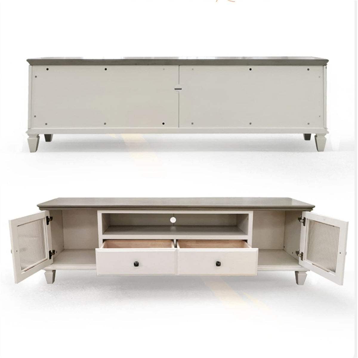 Modern TV Stand with 2 Drawers, 2 Storage Cabinets & 1 Open Shelf R859