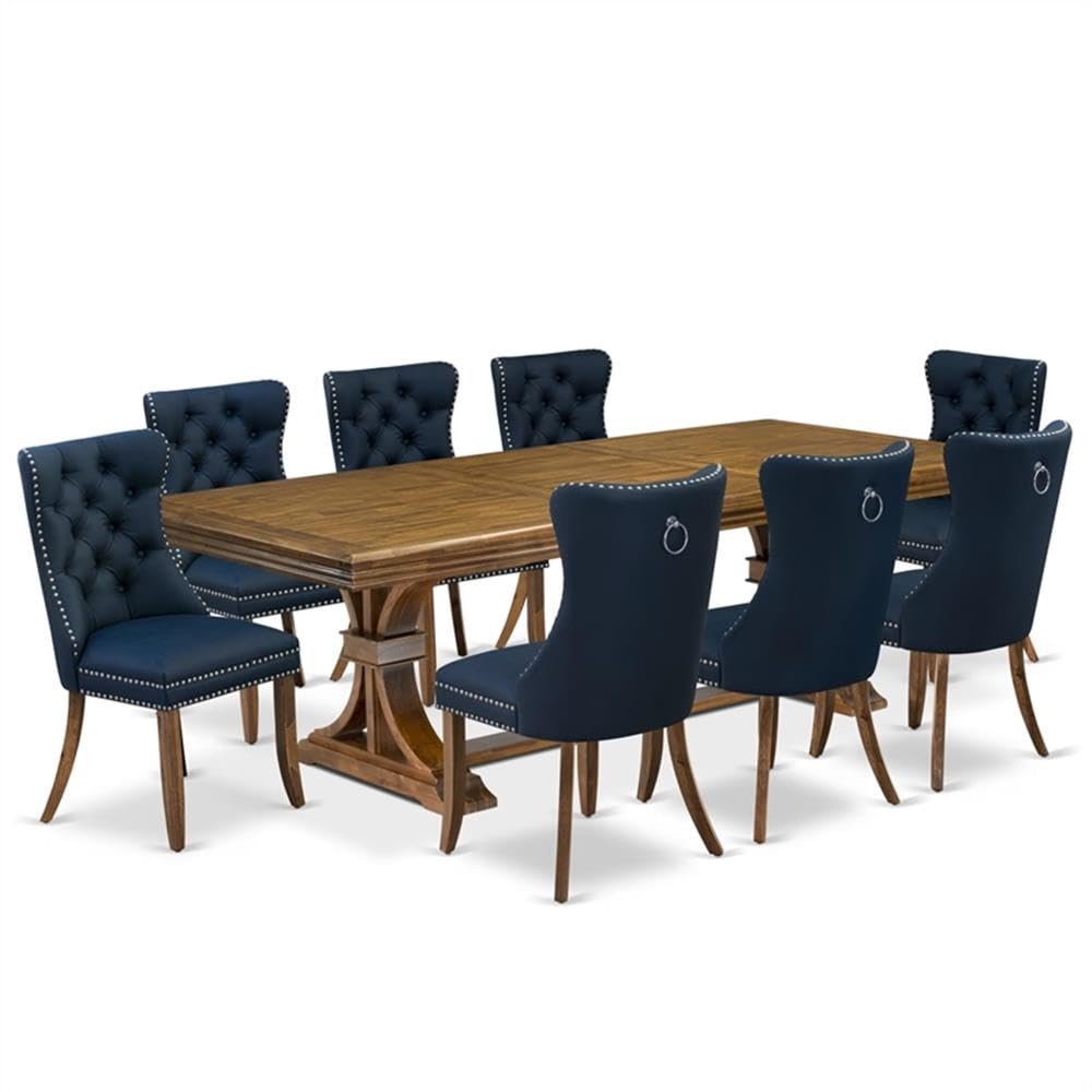 9-Piece Acacia Wood Dining Set with Navy Blue Faux Leather Chairs Q9102