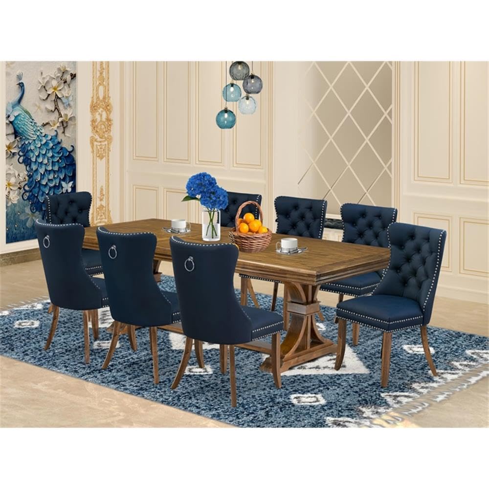 9-Piece Acacia Wood Dining Set with Navy Blue Faux Leather Chairs Q9102