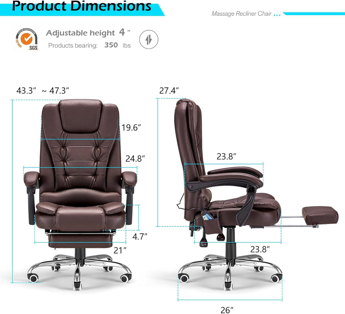 Massage Office Chair with Heat Function & Footrest B3825