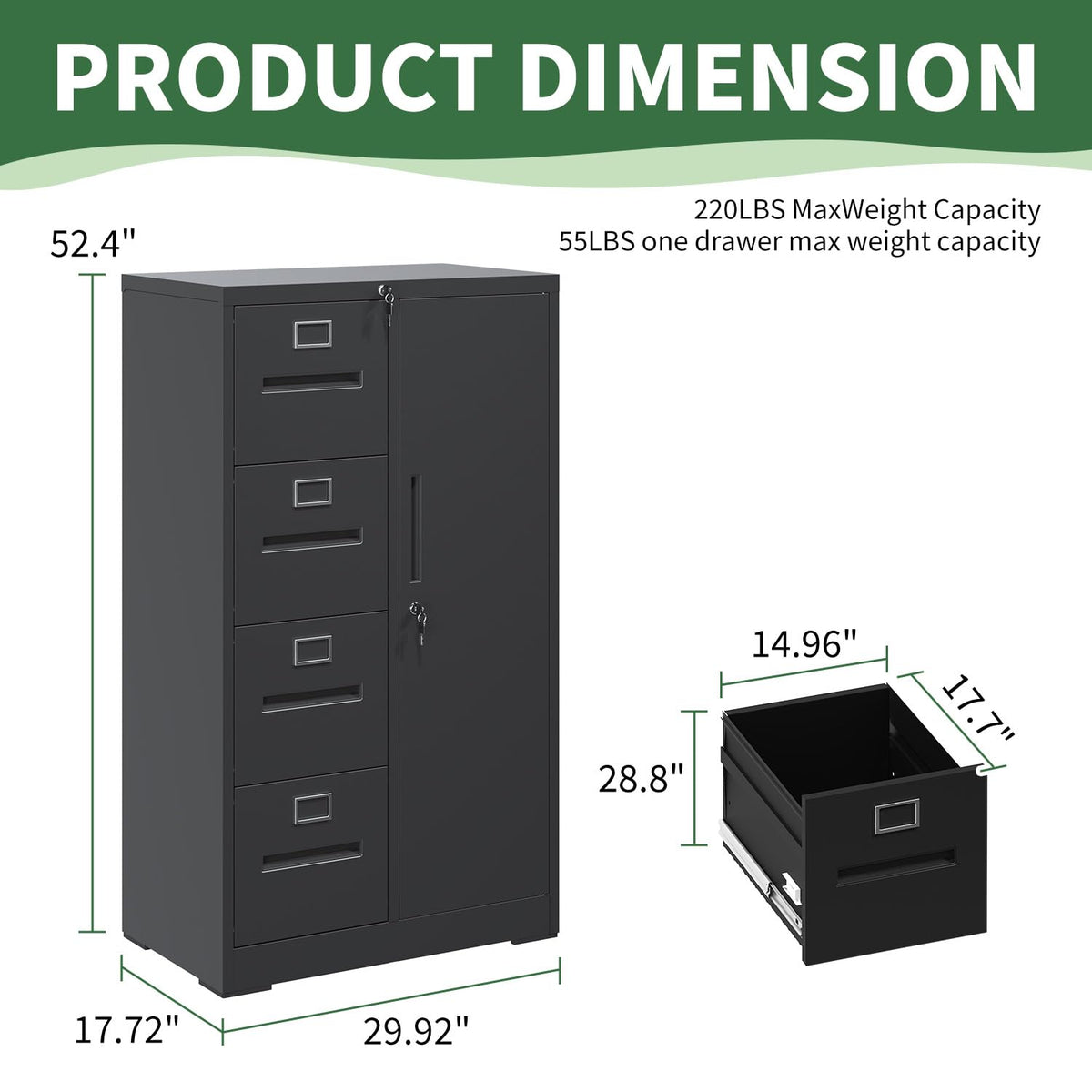 4 Drawer Black Vertical File Cabinet with Lock M4485
