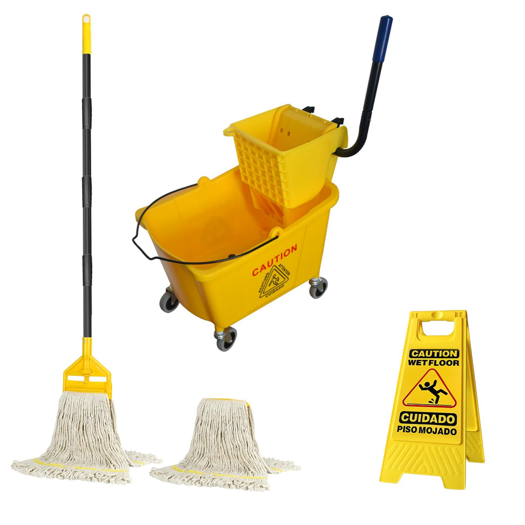 Commercial Mop Bucket with 2 Mop Heads and Caution Sign, 38 Quart R4611