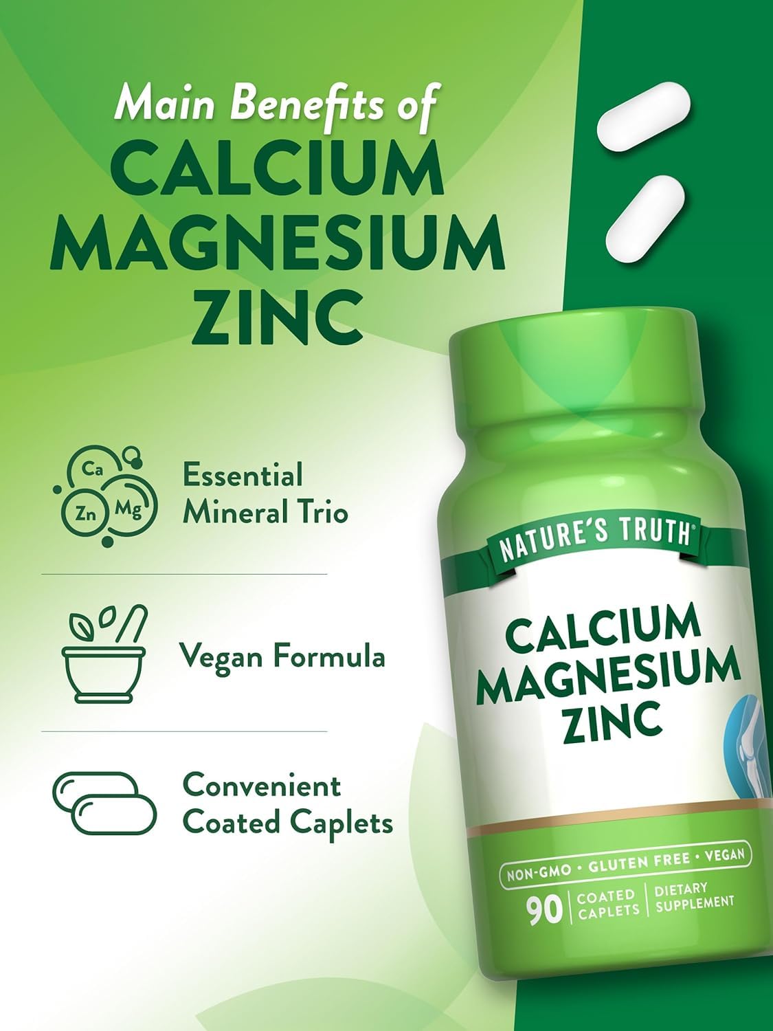 Calcium Magnesium Zinc Plus Vitamin D3 Caplets 90 Ct Pack of 2 Y90467