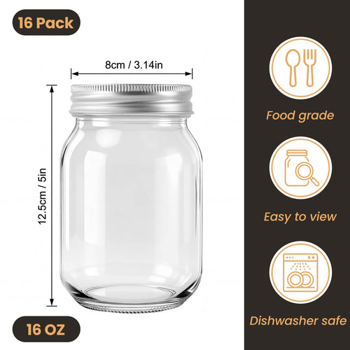 16 Pack 16 Oz Clear Glass Mason Jars M356288