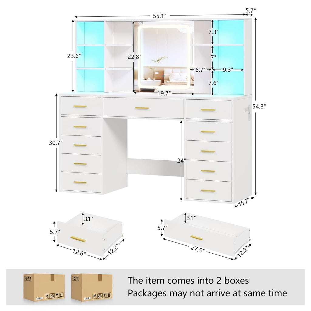 55" Extra-Wide White Makeup Vanity Desk with Lighted Mirror & 11 Drawers U4202