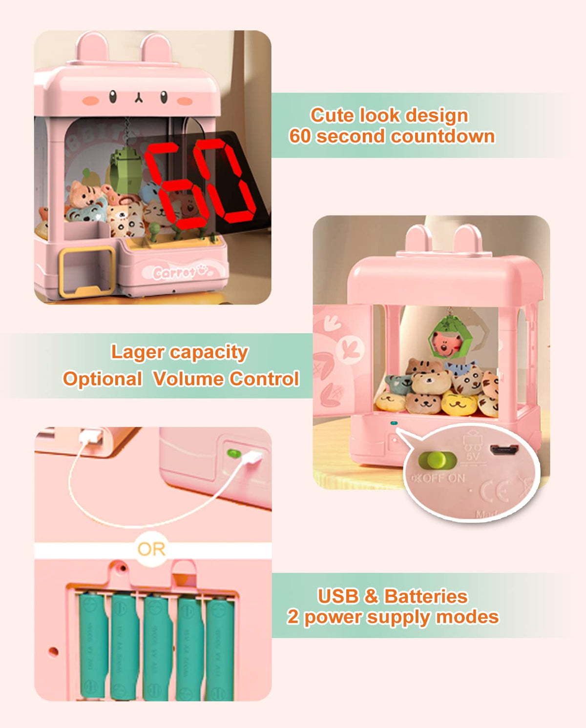 Large Claw Machine with Prizes, Adjustable Sound & Light, Mini Vending Machine, Electronic Arcade Crane Game, Candy Dispenser Toy S24648