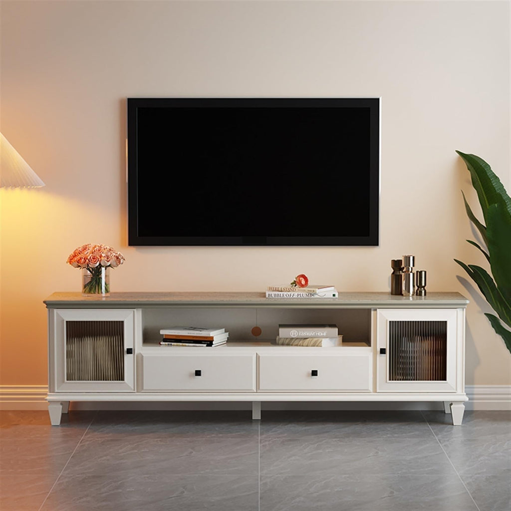 Modern TV Stand with 2 Drawers, 2 Storage Cabinets & 1 Open Shelf R859