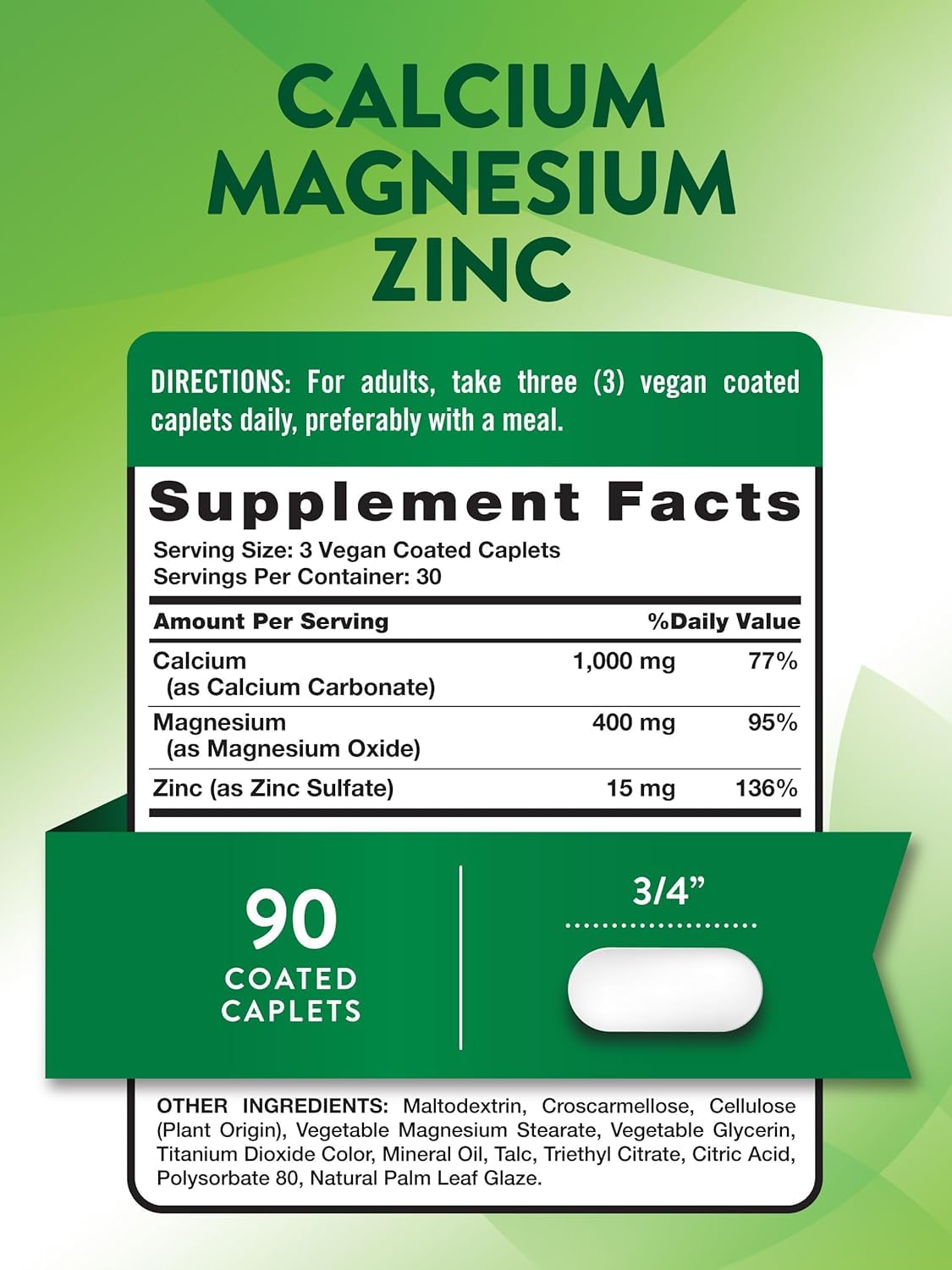 Calcium Magnesium Zinc Plus Vitamin D3 Caplets 90 Ct Pack of 2 Y90467
