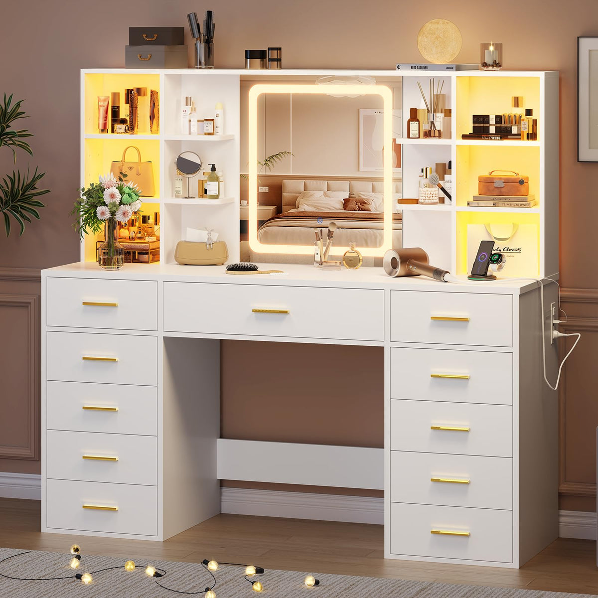 55" Extra-Wide White Makeup Vanity Desk with Lighted Mirror & 11 Drawers U4202