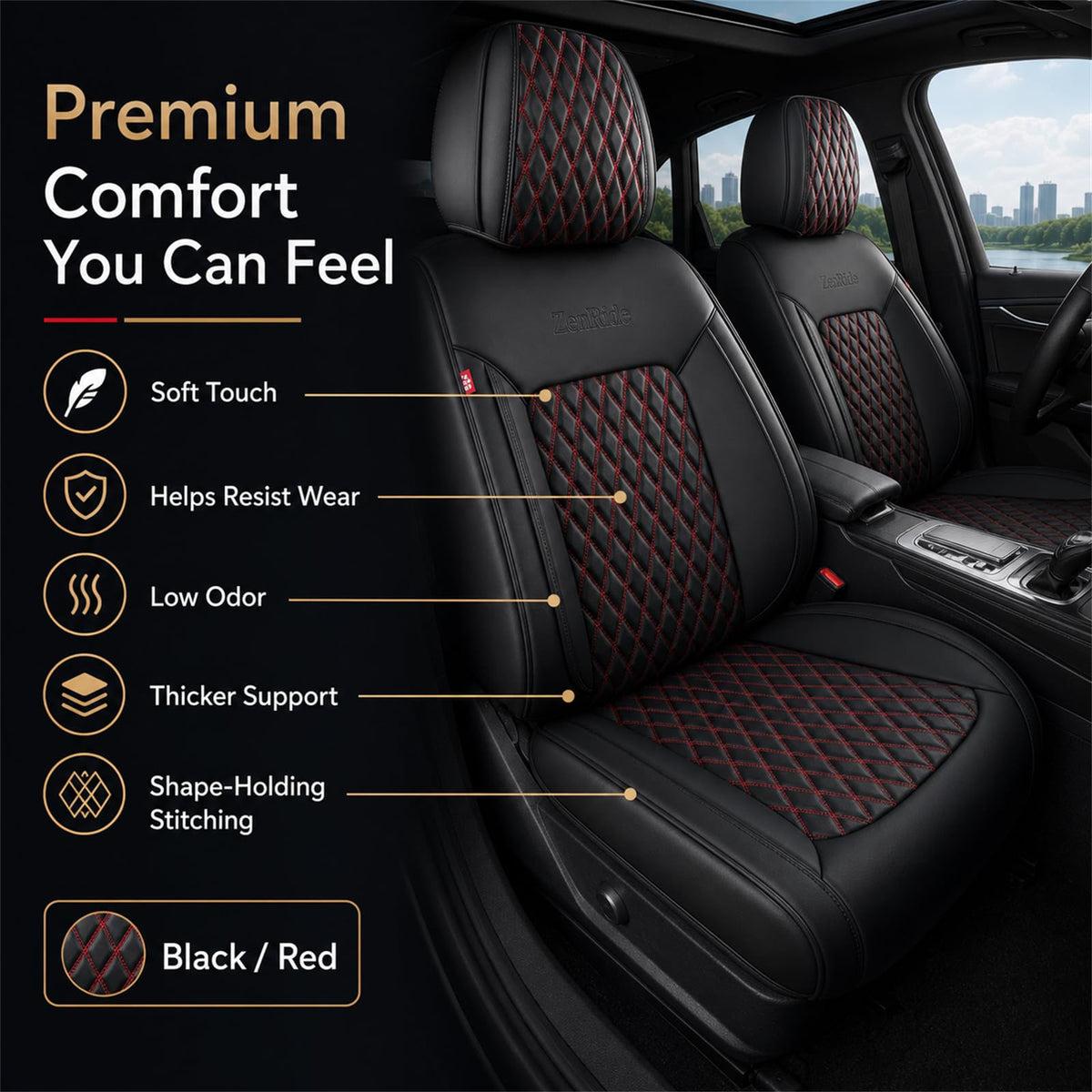 Black and Red Thick Nappa Leather Car Seat Covers Set of 2 W9927