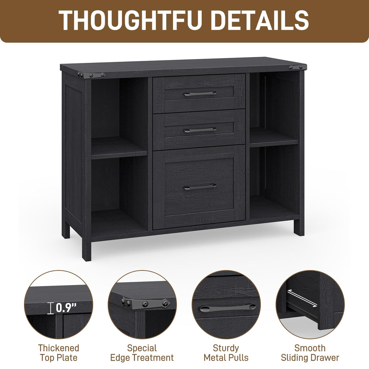 Black 3 Drawer Wood File Cabinet with Adjustable Shelves W2396