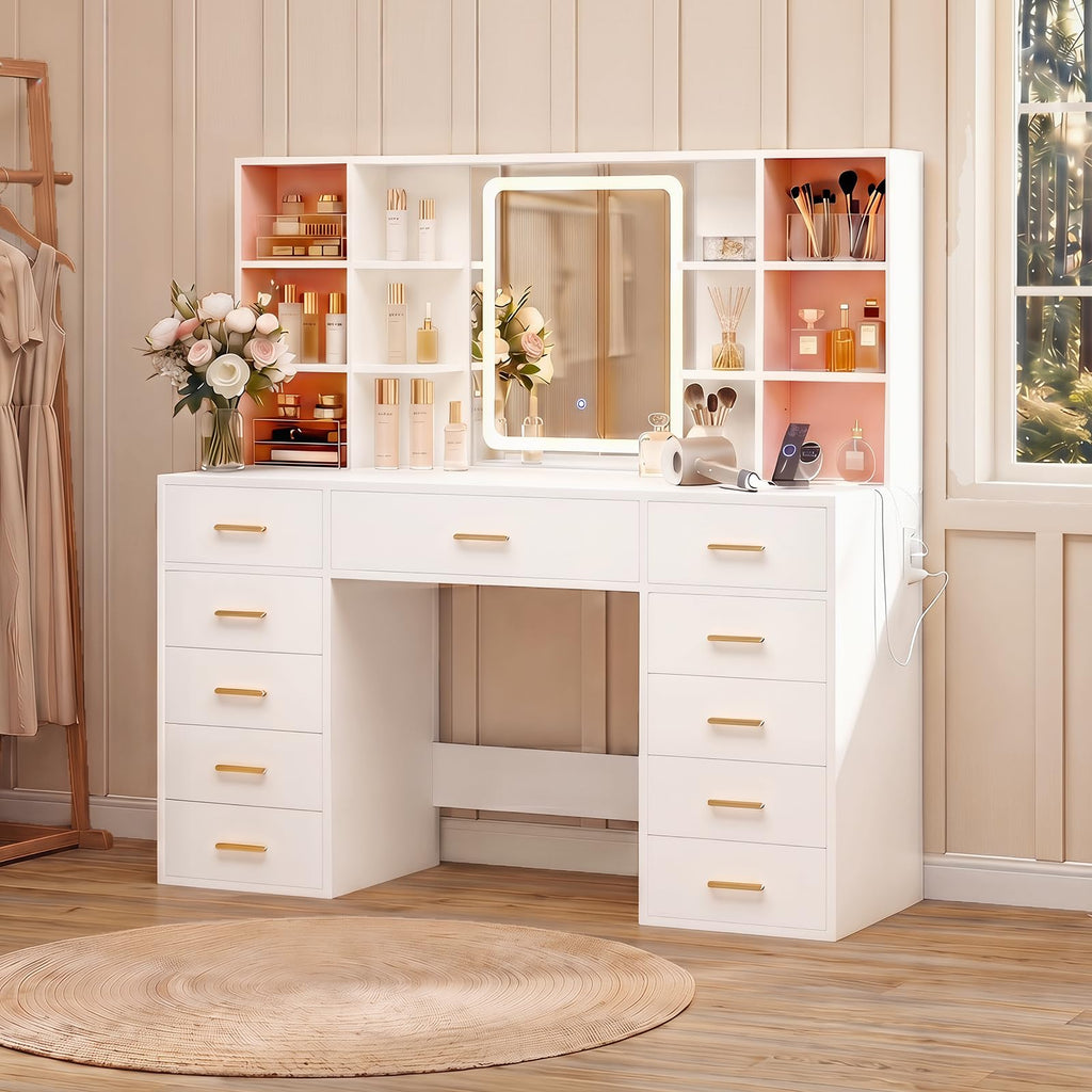 55" Extra-Wide White Makeup Vanity Desk with Lighted Mirror & 11 Drawers U4202