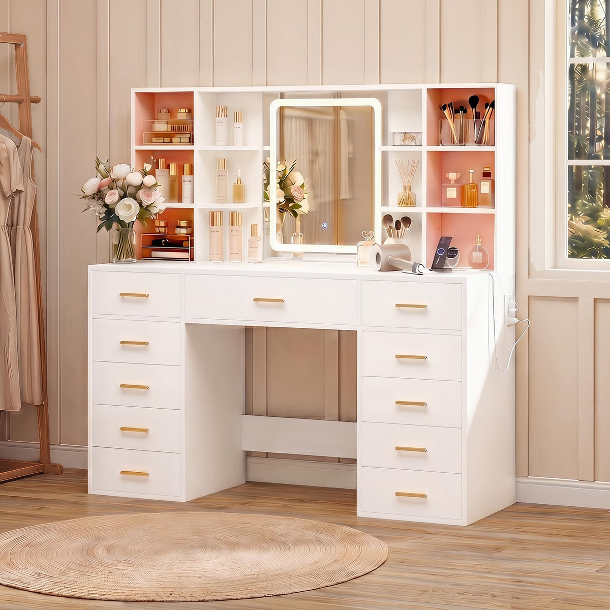 55" Extra-Wide White Makeup Vanity Desk with Lighted Mirror & 11 Drawers U4202