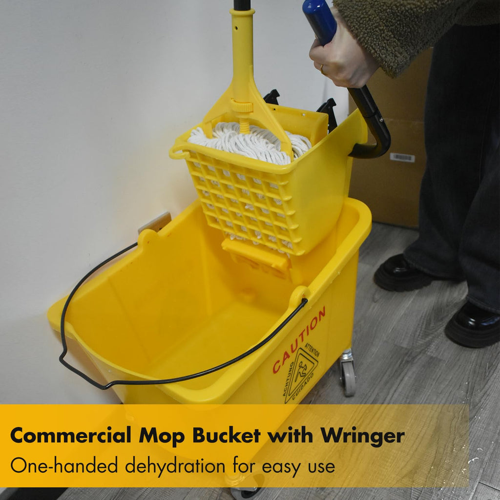 Commercial Mop Bucket with 2 Mop Heads and Caution Sign, 38 Quart R4611