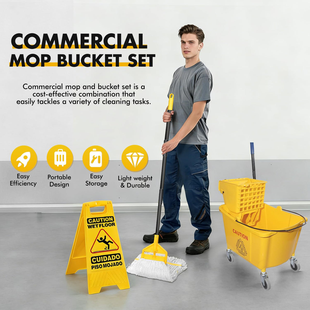 Commercial Mop Bucket with 2 Mop Heads and Caution Sign, 38 Quart R4611
