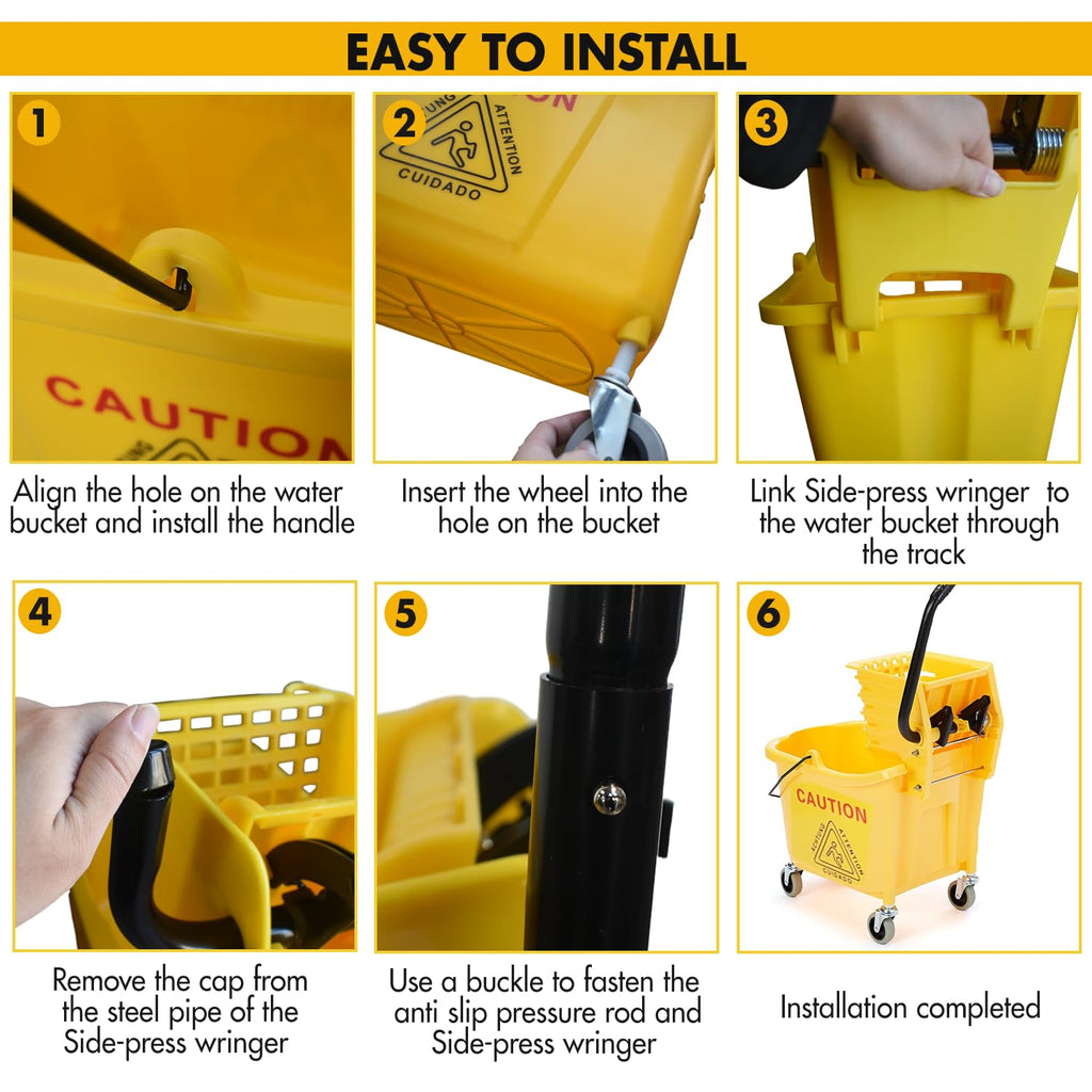 Commercial Mop Bucket with 2 Mop Heads and Caution Sign, 38 Quart R4611