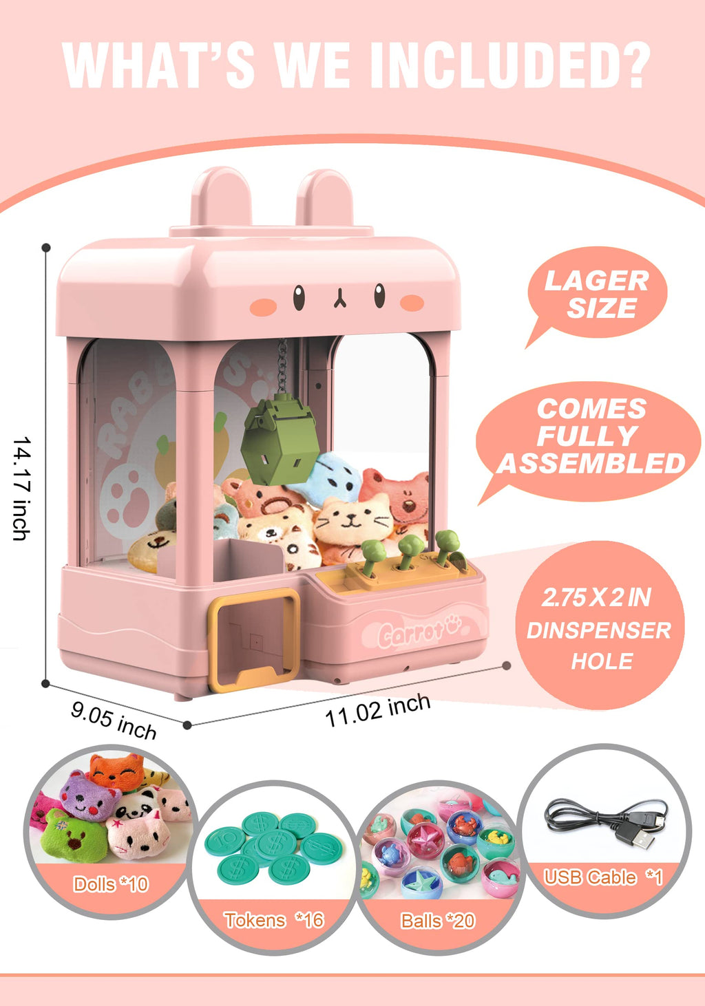 Large Claw Machine with Prizes, Adjustable Sound & Light, Mini Vending Machine, Electronic Arcade Crane Game, Candy Dispenser Toy S24648