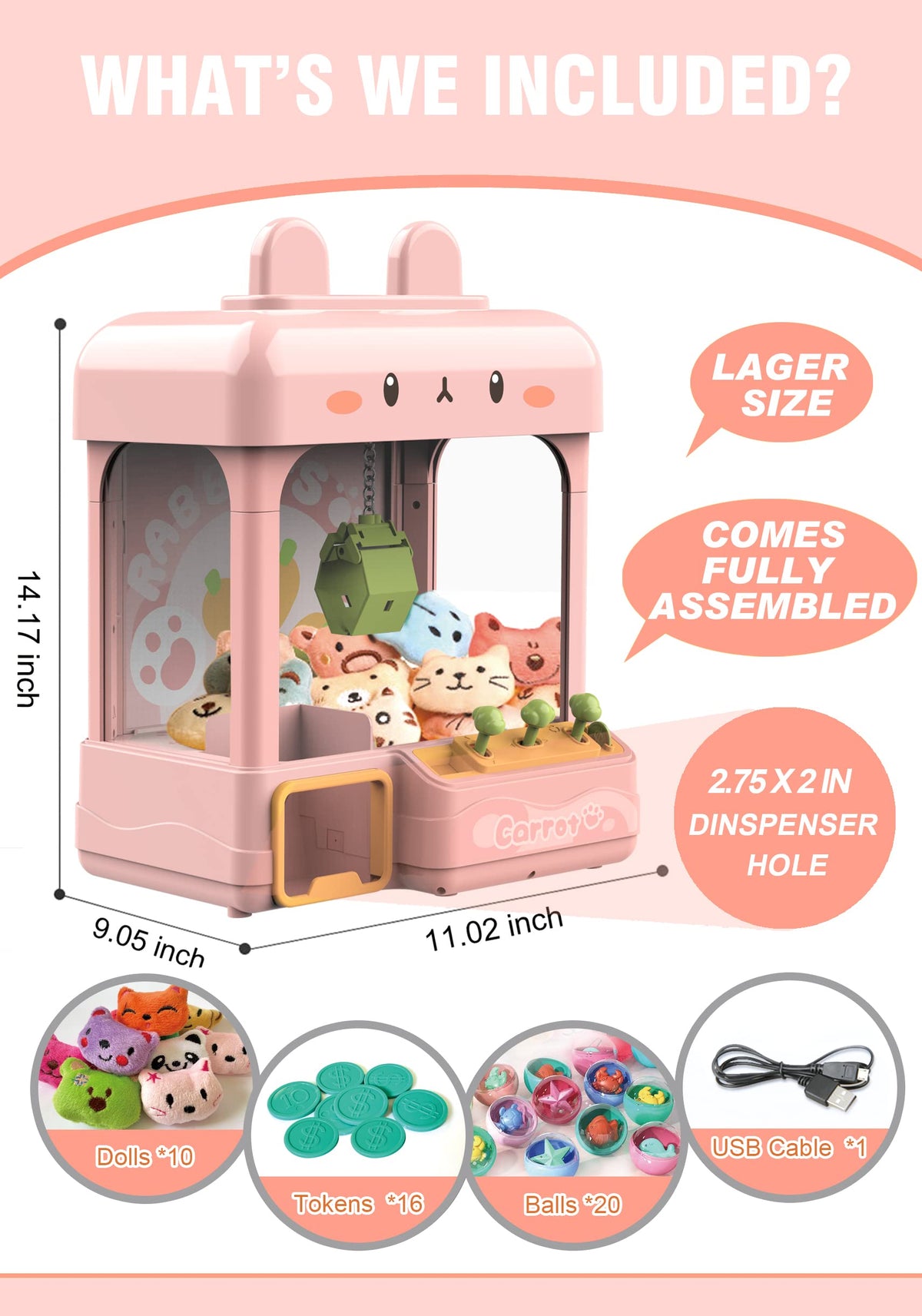 Large Claw Machine with Prizes, Adjustable Sound & Light, Mini Vending Machine, Electronic Arcade Crane Game, Candy Dispenser Toy S24648