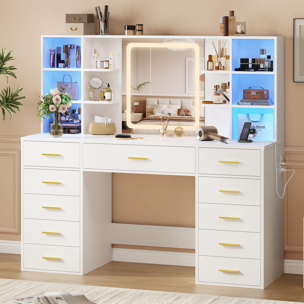 55" Extra-Wide White Makeup Vanity Desk with Lighted Mirror & 11 Drawers U4202