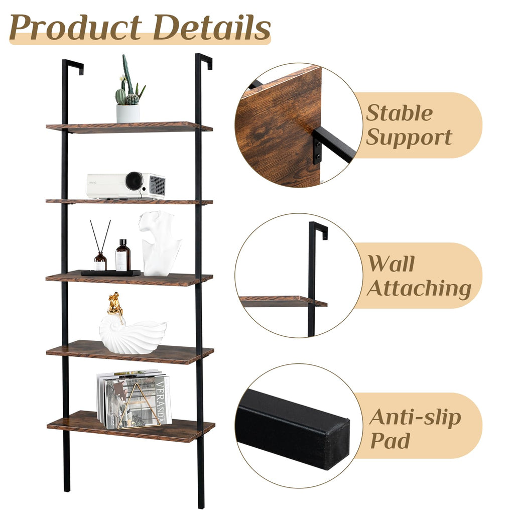 Rustic Brown 5 Tier Wall Mount Ladder Shelf U963