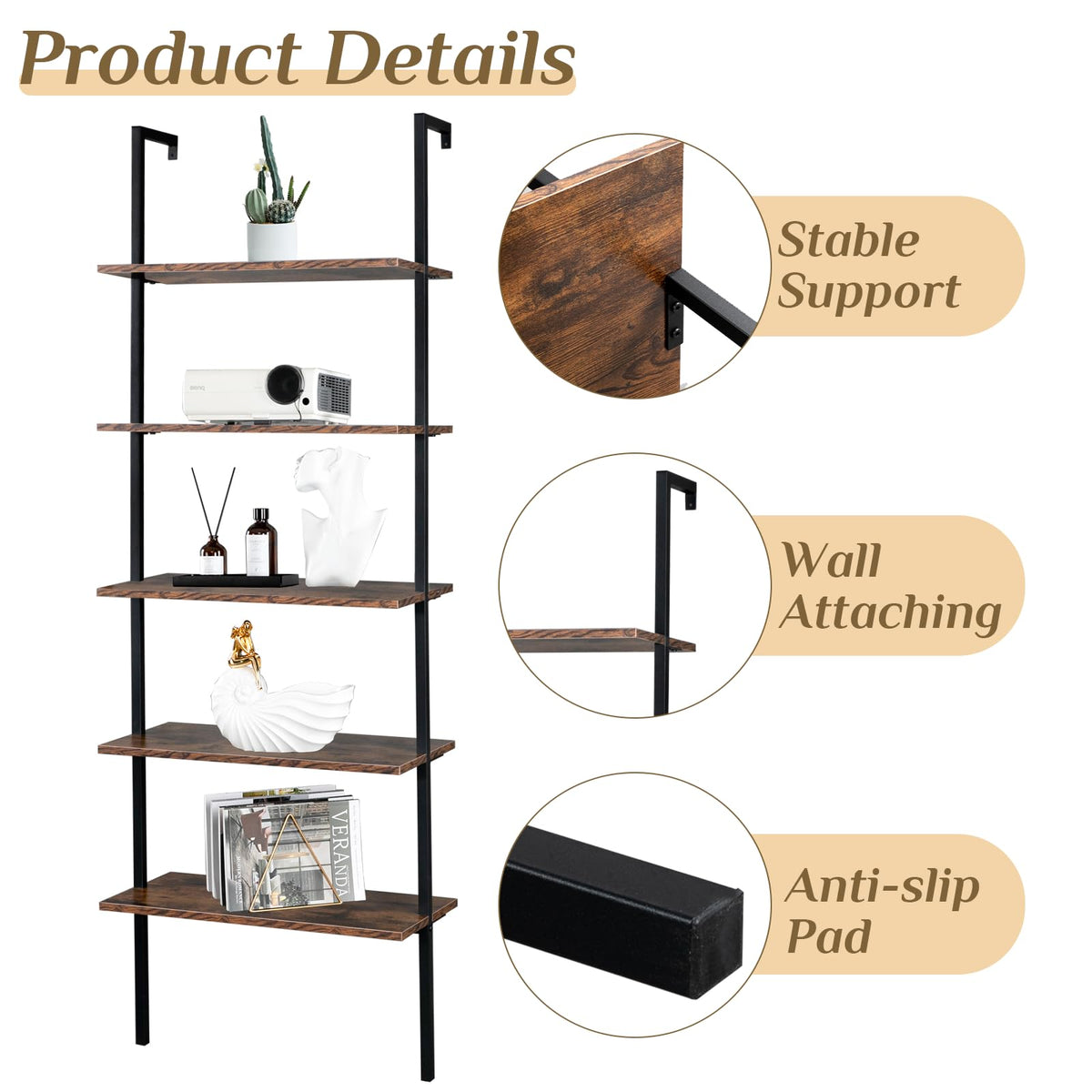 Rustic Brown 5 Tier Wall Mount Ladder Shelf U963