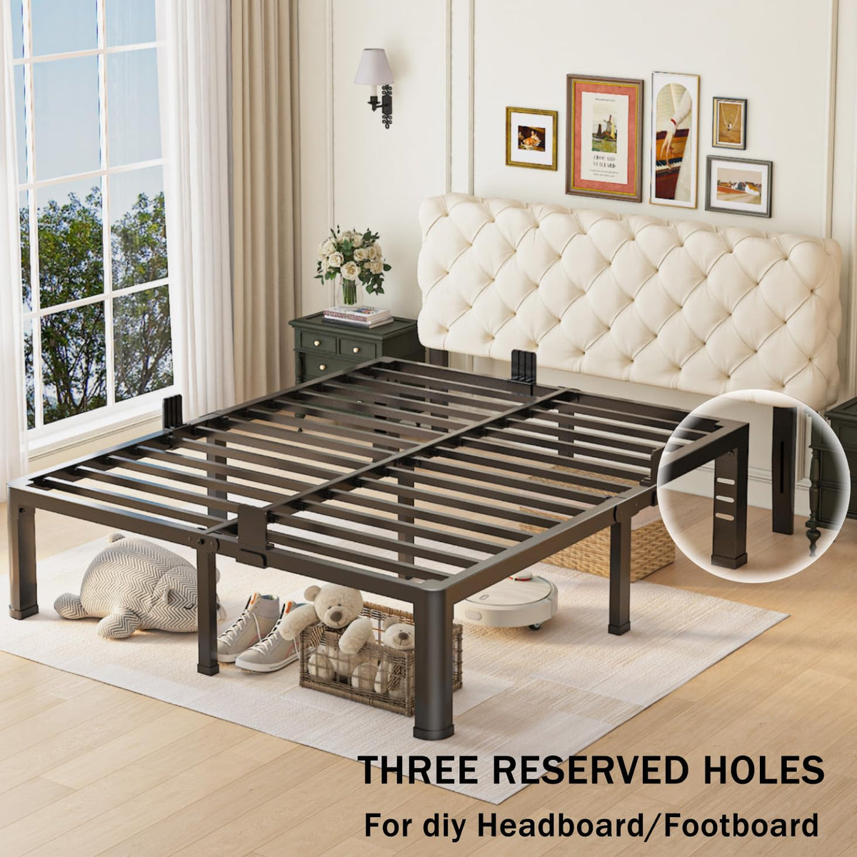 Queen Bed Frame with Headboard Hole and Steel Slats Support B1266