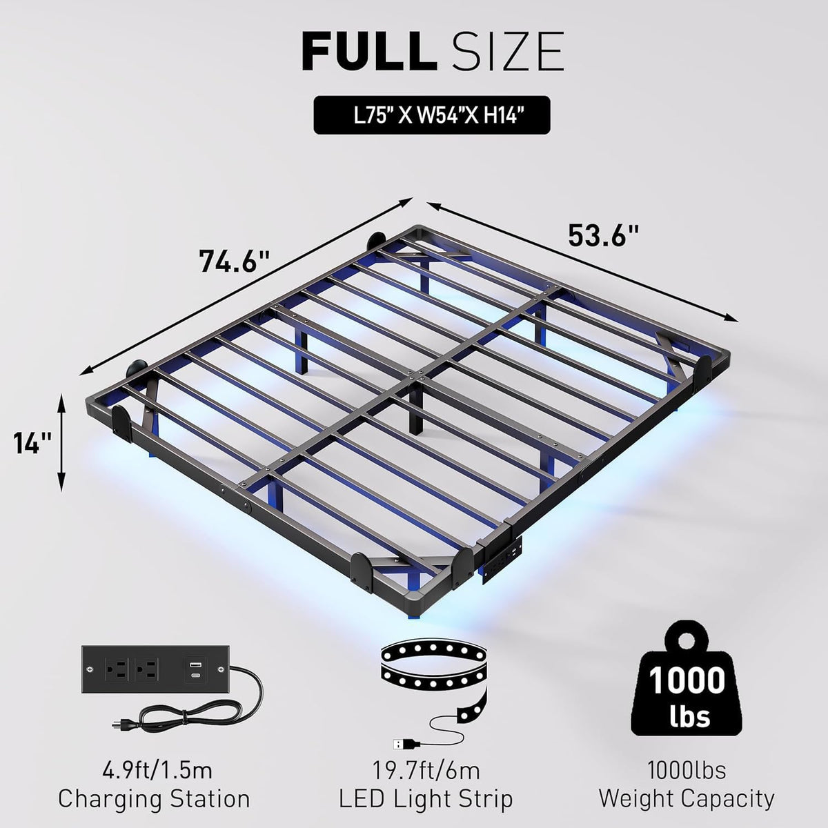 14 Inch Full Bed Frame with LED Lights and Charging Station I989234