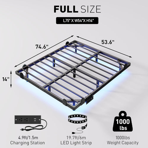 14 Inch Full Bed Frame with LED Lights and Charging Station I989234