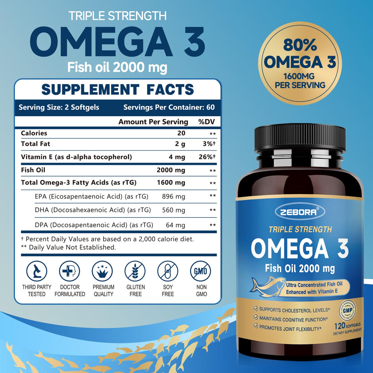 Omega-3 Fish Oil 2000mg 120 Softgels Q1400