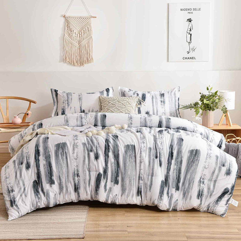 King 3pc Grey White Reversible Microfiber Comforter Set X4994