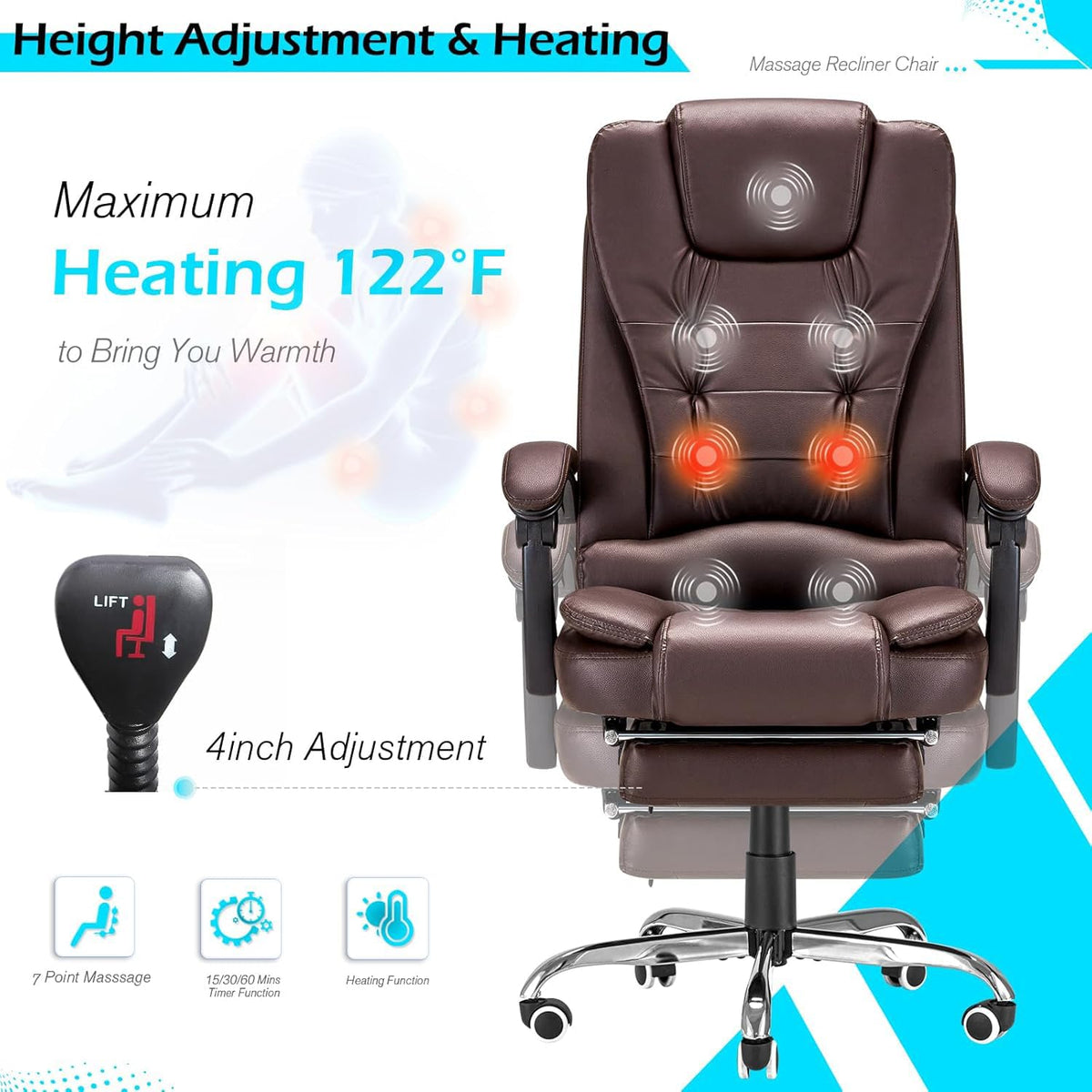 Massage Office Chair with Heat Function & Footrest B3825
