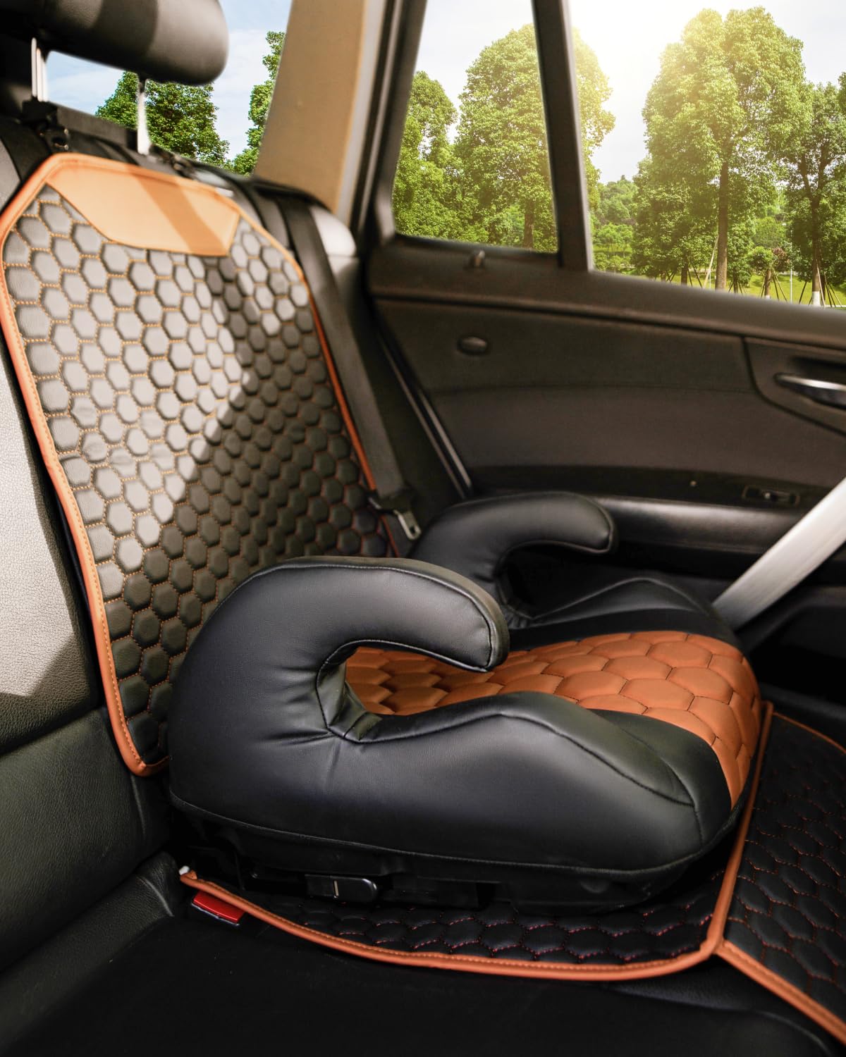 Black-Brown Backless Booster Seat with Latch and Waterproof Eco-Leather Seat Protector 2-Piece Set O57671