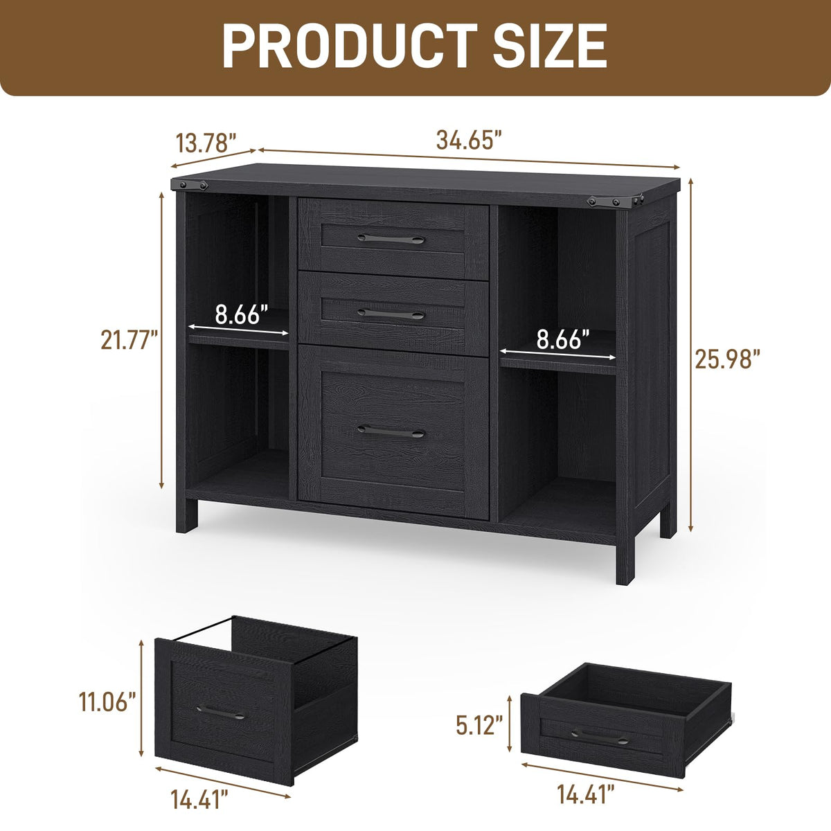 Black 3 Drawer Wood File Cabinet with Adjustable Shelves W2396