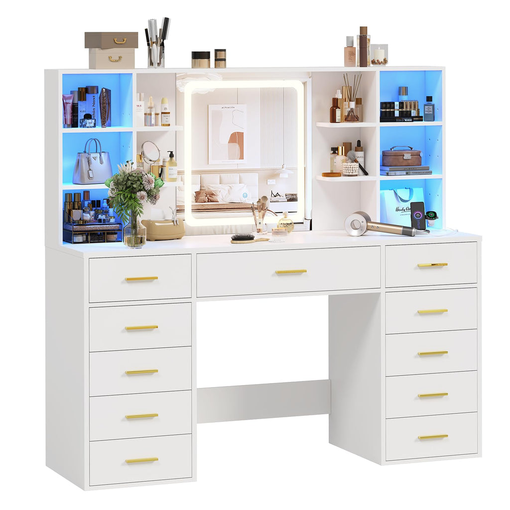 55" Extra-Wide White Makeup Vanity Desk with Lighted Mirror & 11 Drawers U4202