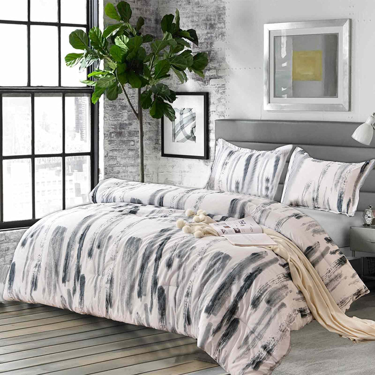 King 3pc Grey White Reversible Microfiber Comforter Set X4994