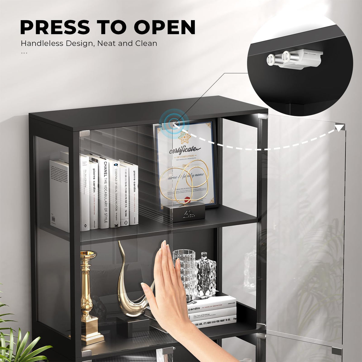 Black 4-Tier Display Cabinet with Glass Doors R697361