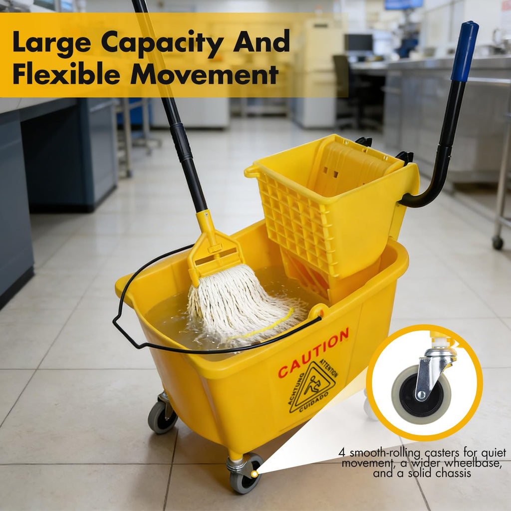 Commercial Mop Bucket with 2 Mop Heads and Caution Sign, 38 Quart R4611