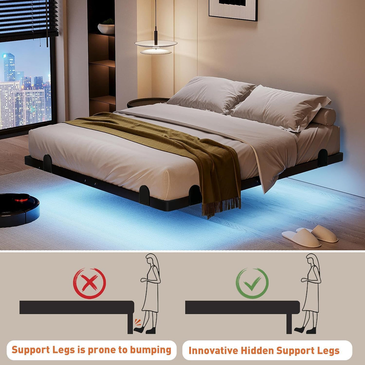 14 Inch Full Bed Frame with LED Lights and Charging Station I989234