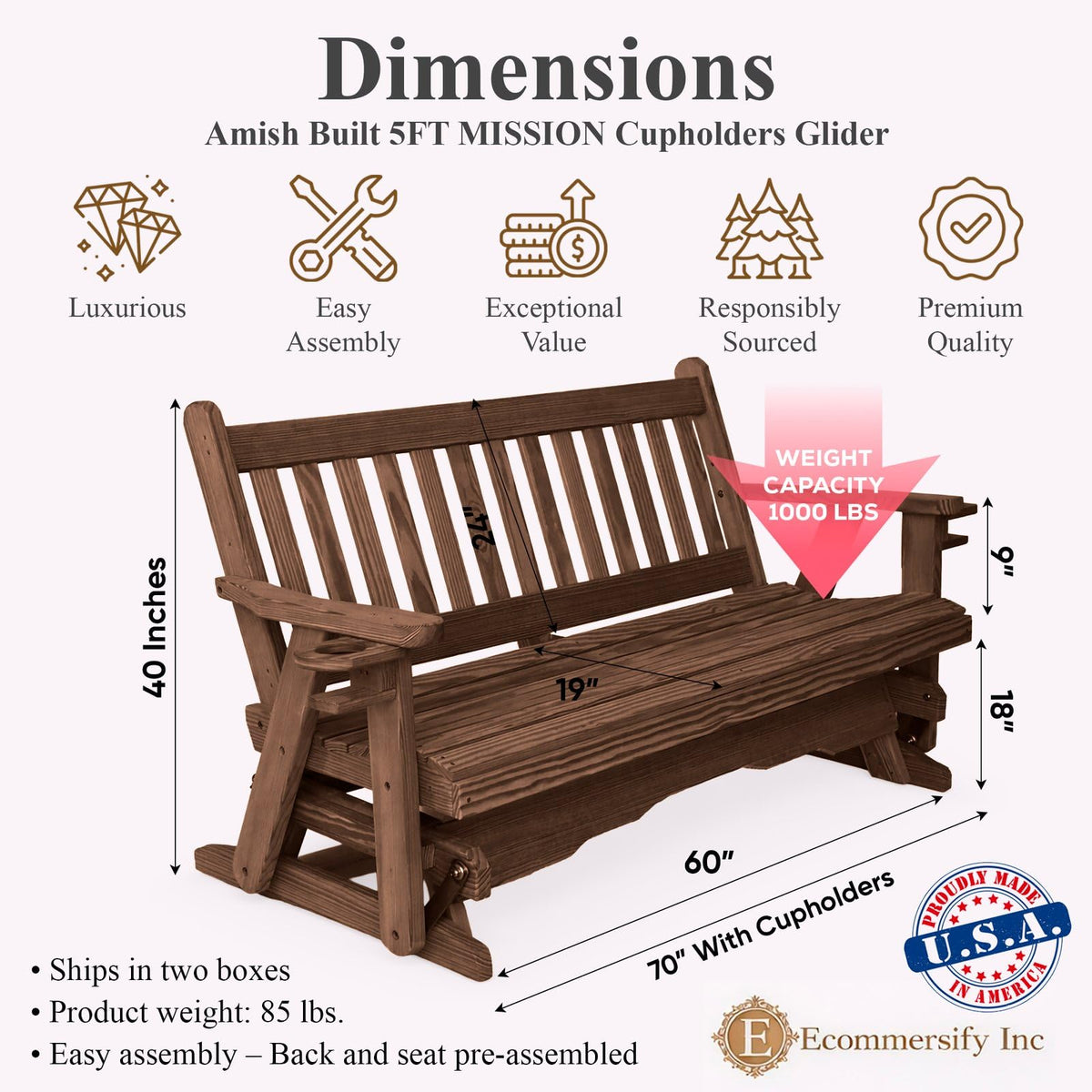 5 FT Walnut 3 Person Solid Pine Wood Glider Bench N134