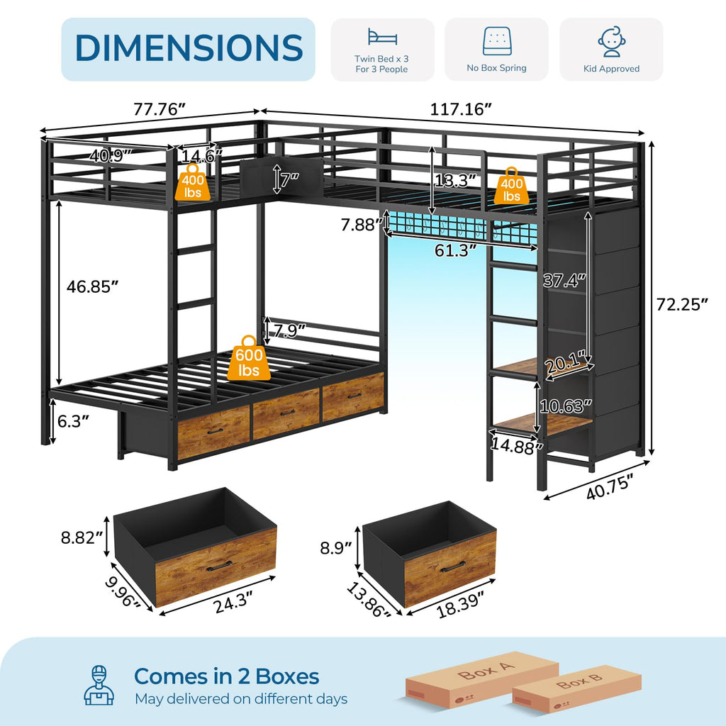 Black Twin Over Twin Triple Bunk Bed with 9 Storage Drawers and LED Lights C55592
