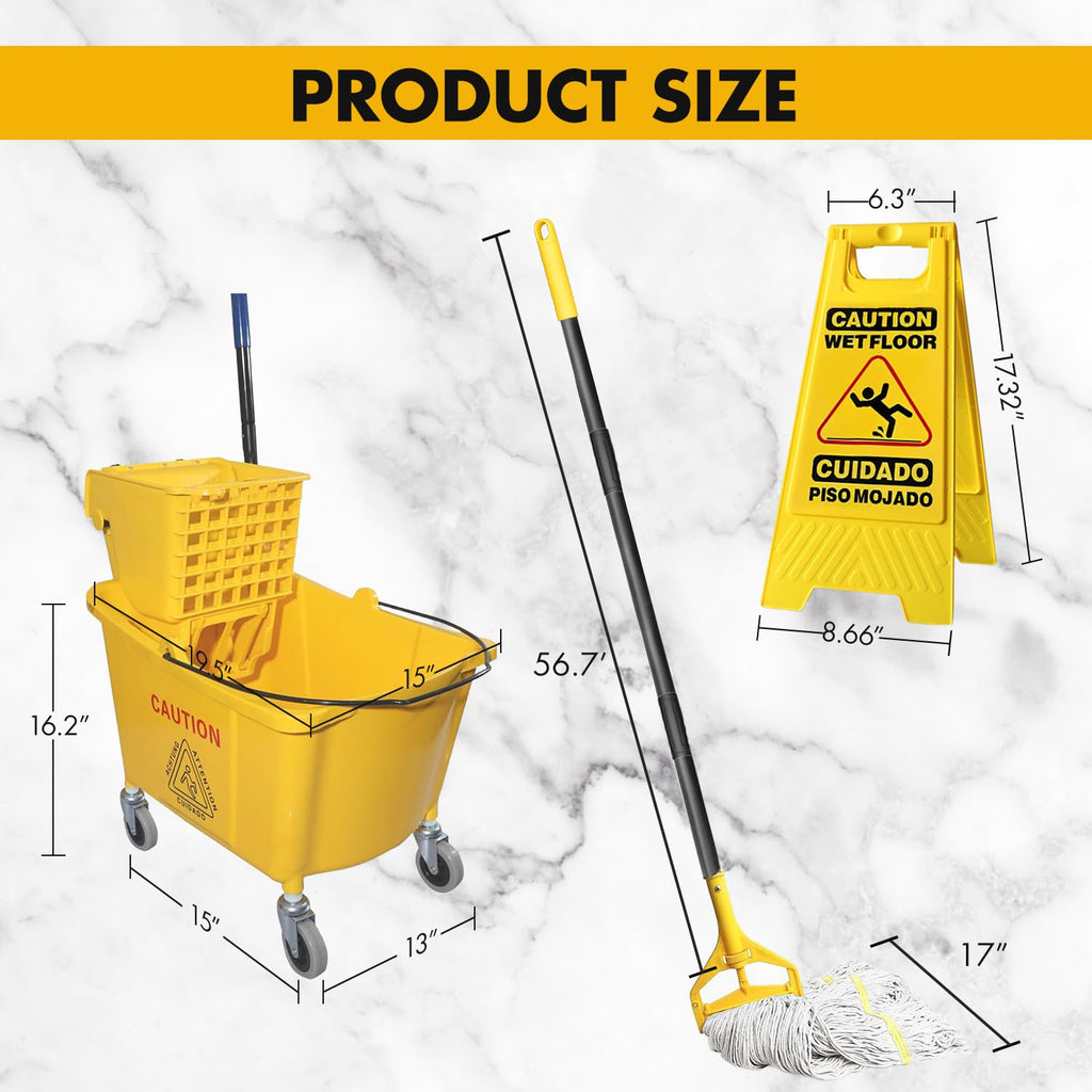 Commercial Mop Bucket with 2 Mop Heads and Caution Sign, 38 Quart R4611