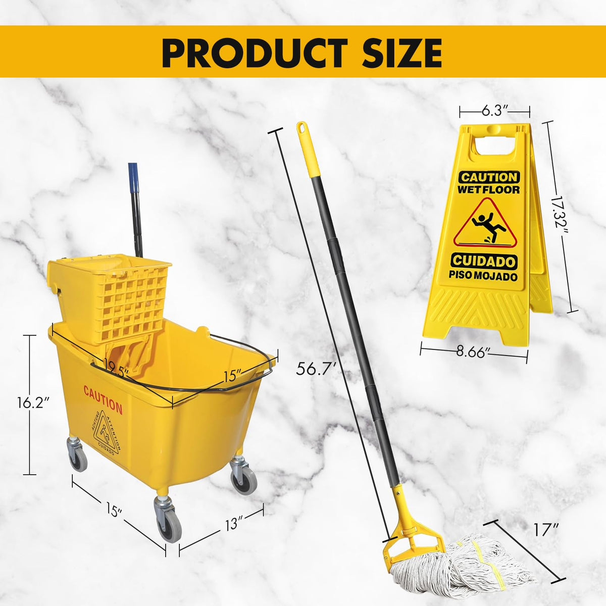 Commercial Mop Bucket with 2 Mop Heads and Caution Sign, 38 Quart R4611