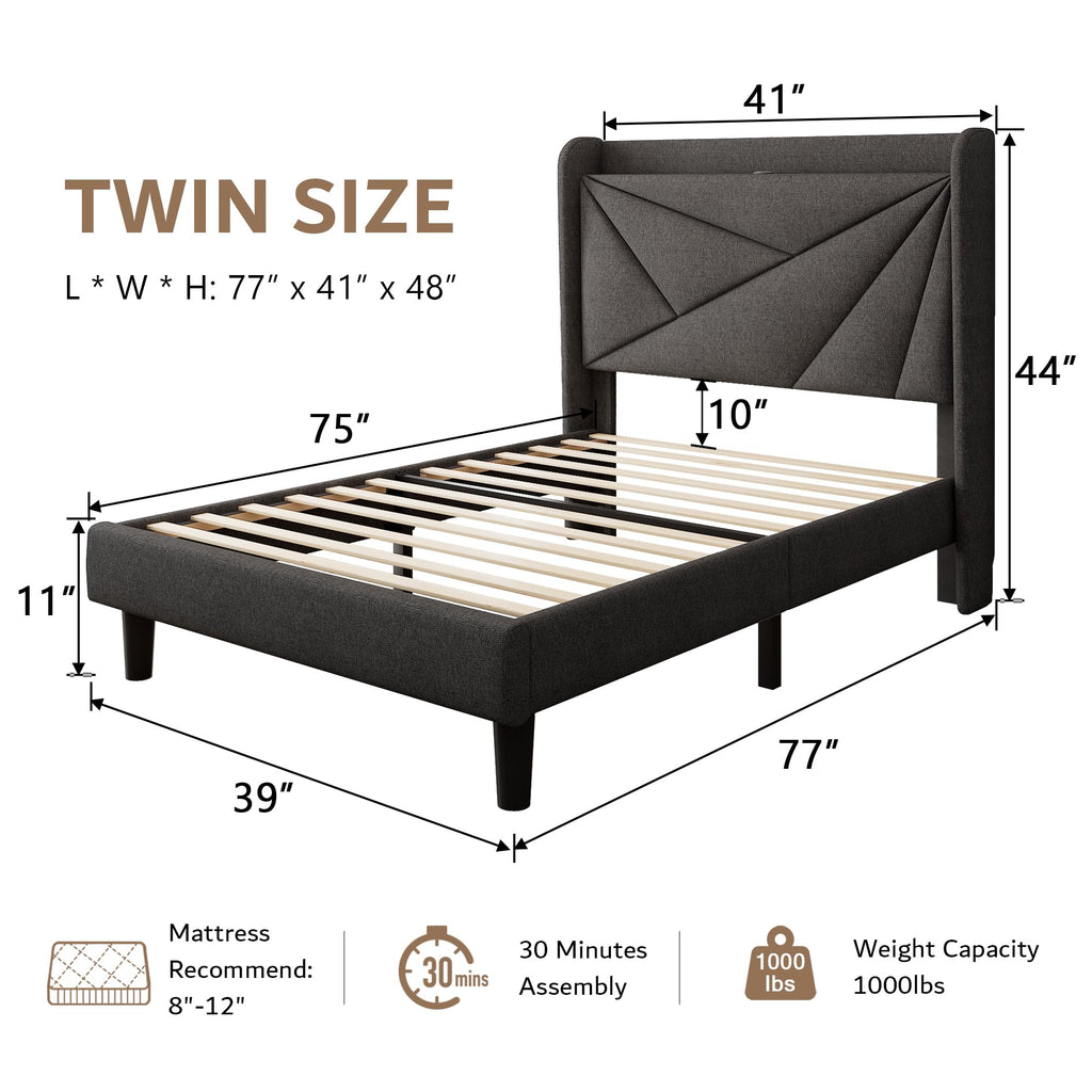 Twin Size Linen Platform Bed Frame with Wingback Upholstered Headboard O78975
