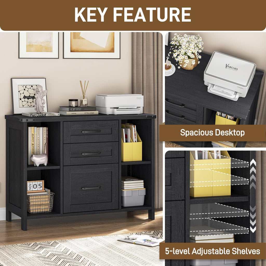 Black 3 Drawer Wood File Cabinet with Adjustable Shelves W2396