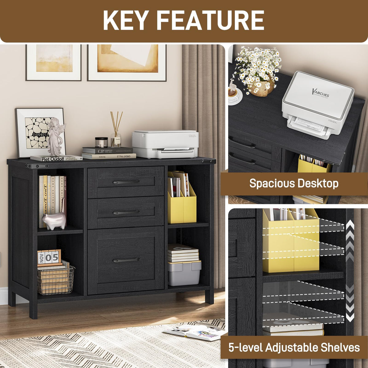 Black 3 Drawer Wood File Cabinet with Adjustable Shelves W2396