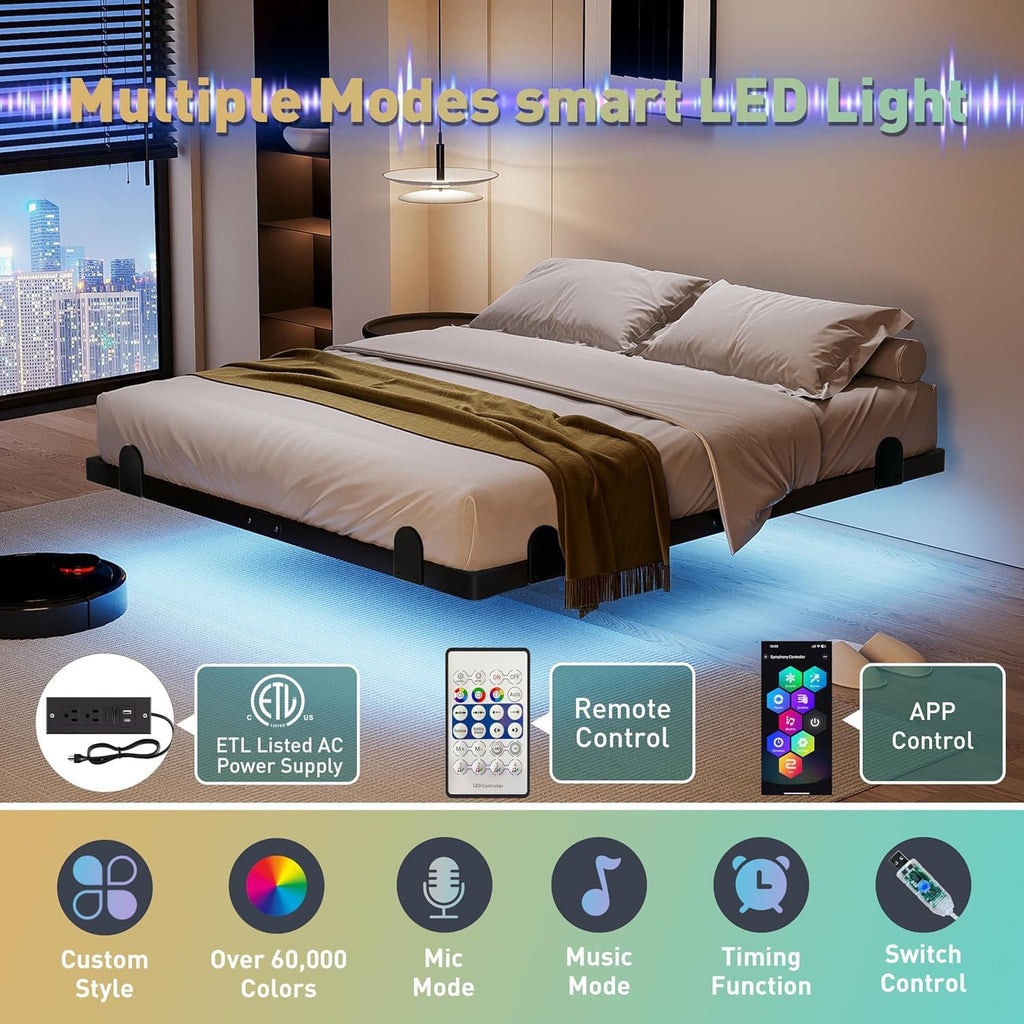 14 Inch Full Bed Frame with LED Lights and Charging Station I989234