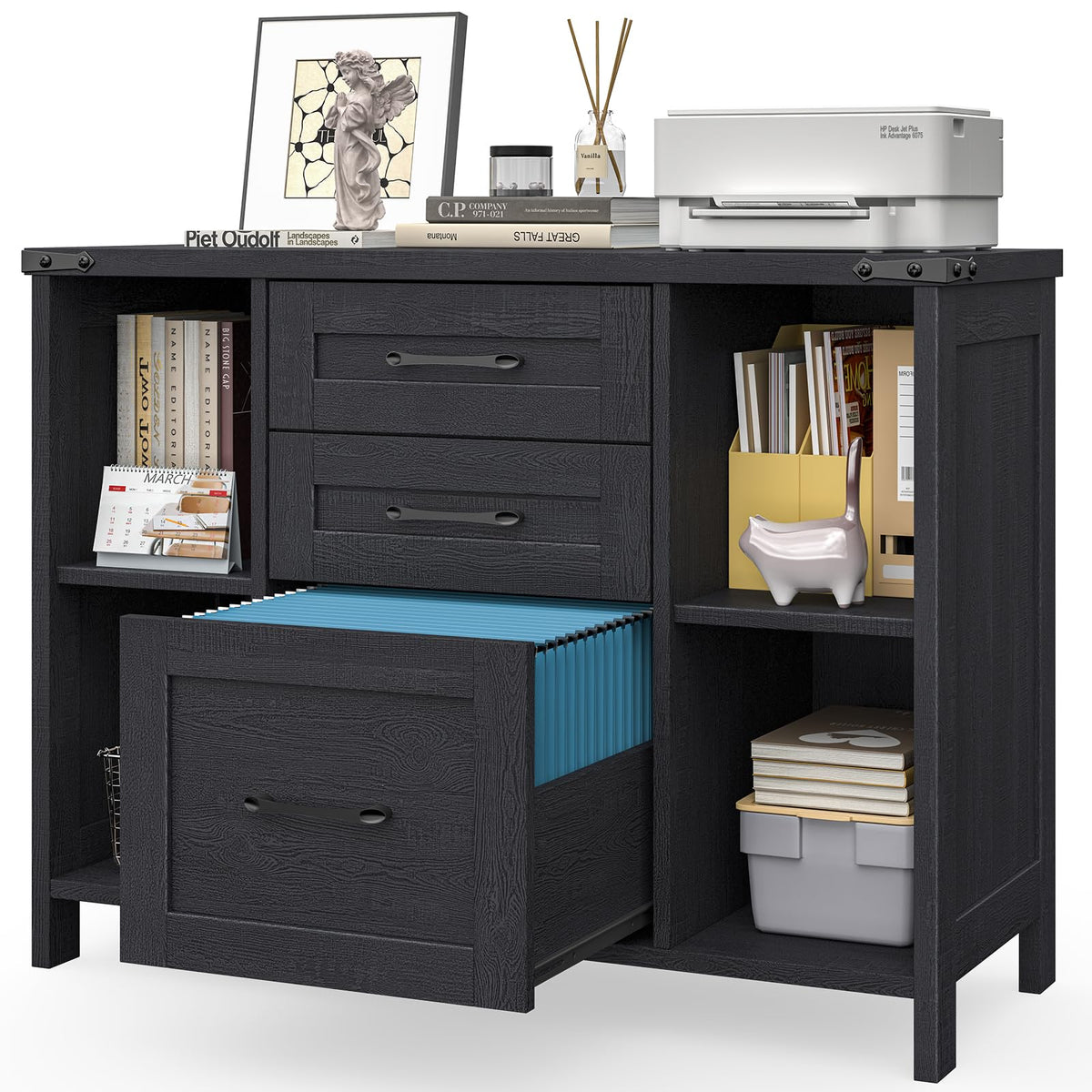 Black 3 Drawer Wood File Cabinet with Adjustable Shelves W2396