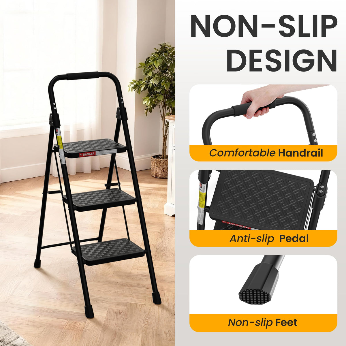 3 Step Folding Ladder with Anti-Slip Pedal U76766