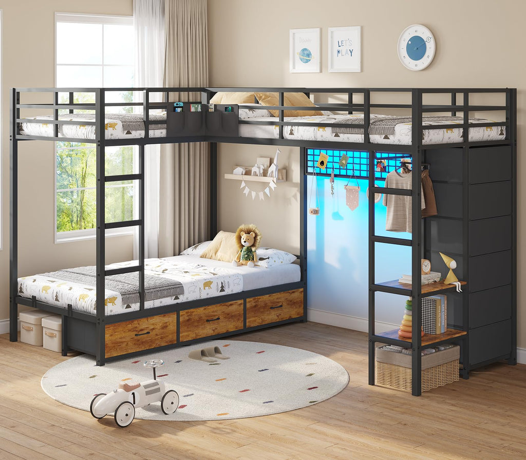 Black Twin Over Twin Triple Bunk Bed with 9 Storage Drawers and LED Lights C55592