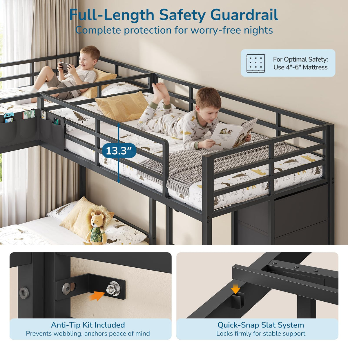 Black Twin Over Twin Triple Bunk Bed with 9 Storage Drawers and LED Lights C55592